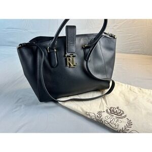 Lauren Ralph Lauren Marcy Black Pebbled Leather Satchel Bag Gold RL Logo Handbag